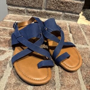 Sarto by Franco Sarto Gia Flat Strappy Sandals Sz 10w Blue Suede Upper #152